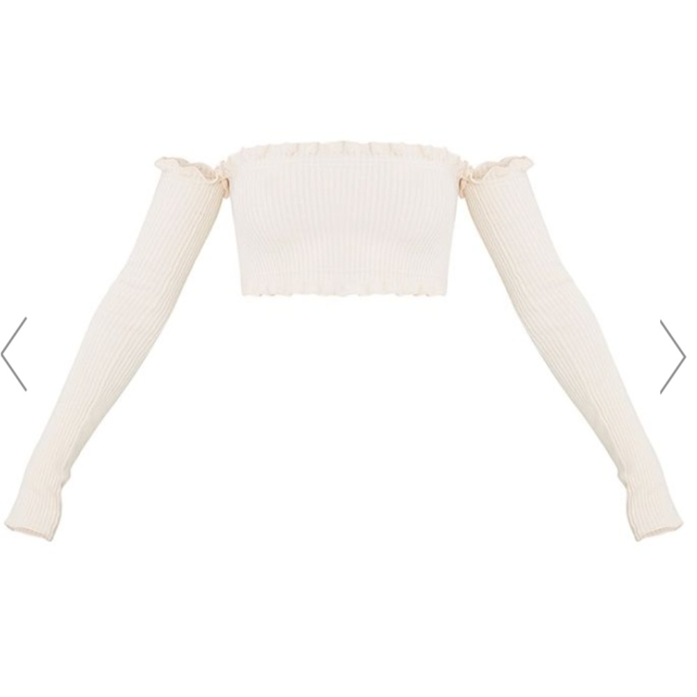 Cream Ruffle Detail Knit Bardot Long Sleeve Top